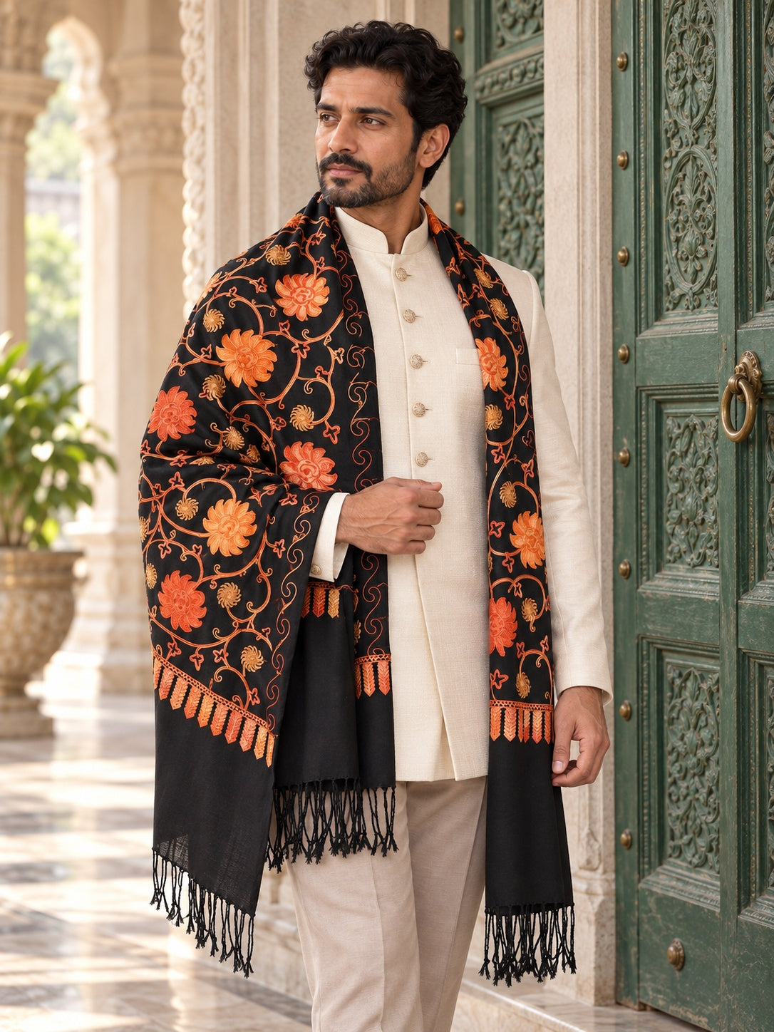 Weavers Villa MS-126-BLACK men's shawl styled on a premium model in a royal setting, view 3.