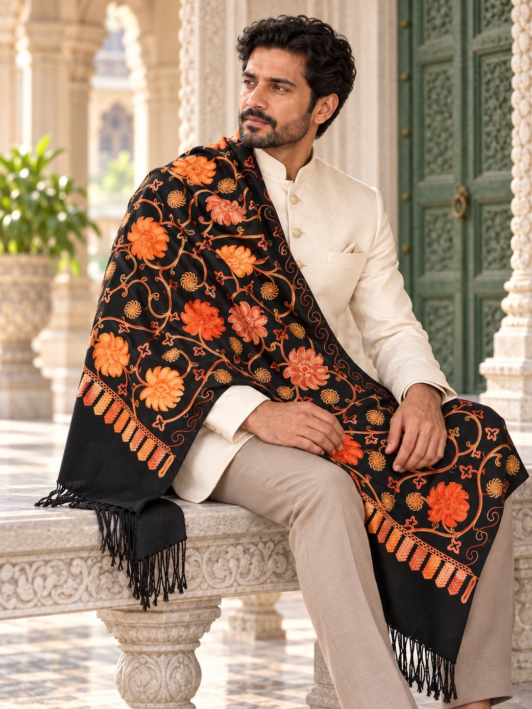 Weavers Villa MS-126-BLACK men's shawl styled on a premium model in a royal setting, view 4.