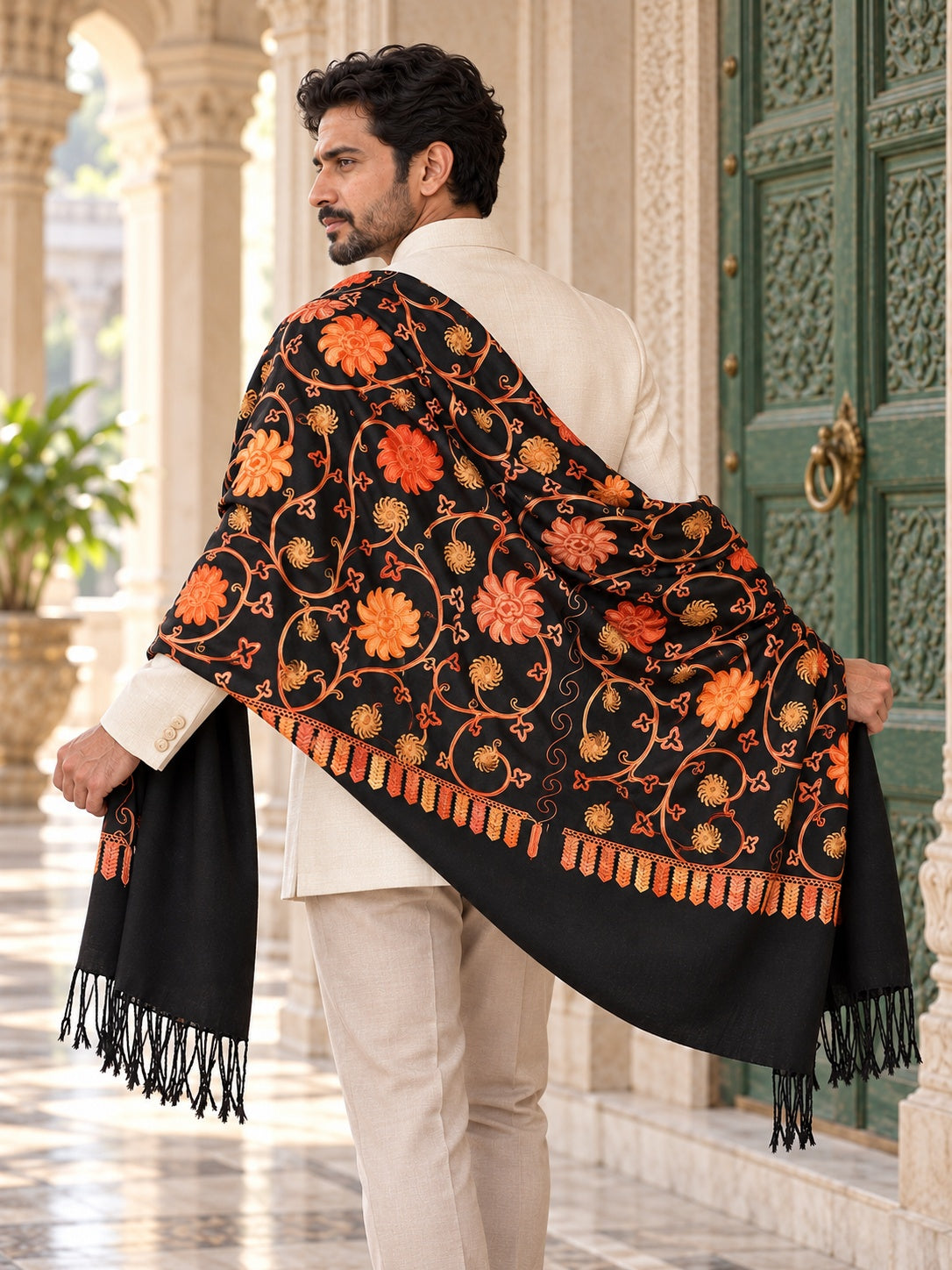 Weavers Villa MS-126-BLACK men's shawl styled on a premium model in a royal setting, view 5.
