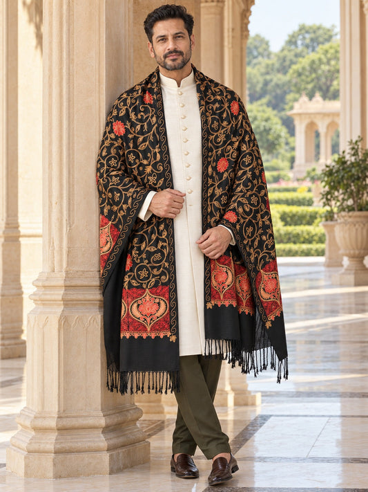 Weavers Villa MS-128-BLACK men's shawl styled on a premium model in a royal setting, view 1.