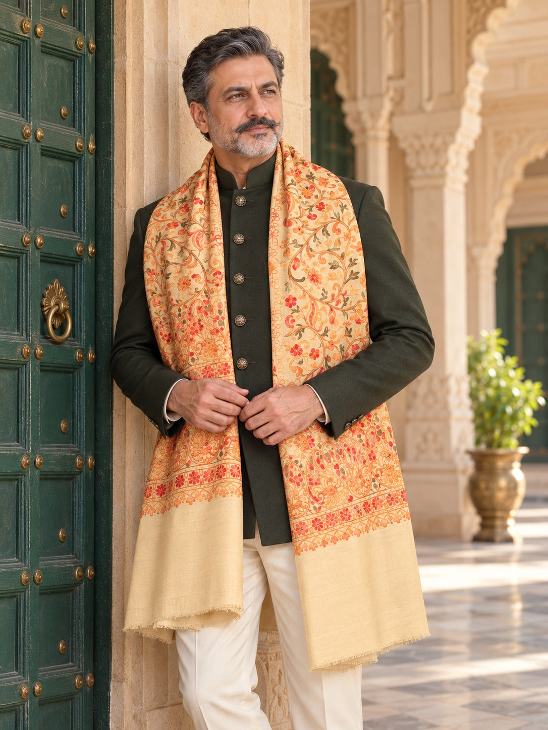 Weavers Villa MS-133-BEIGE men's shawl styled on a premium model in a royal setting, view 1.
