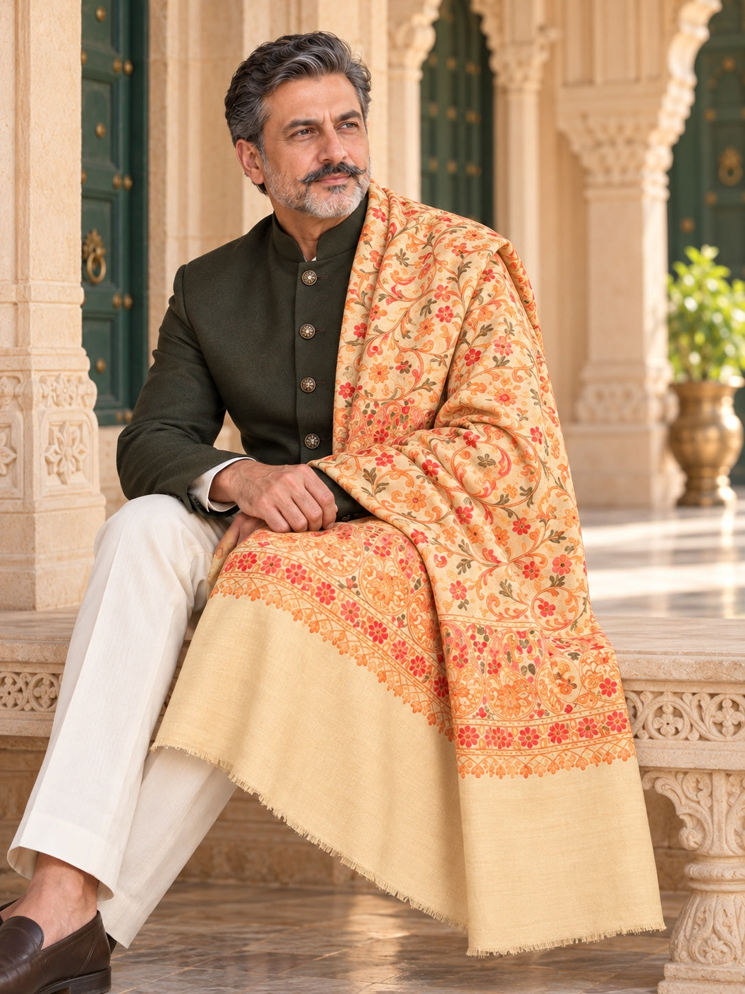 Weavers Villa MS-133-BEIGE men's shawl styled on a premium model in a royal setting, view 2.