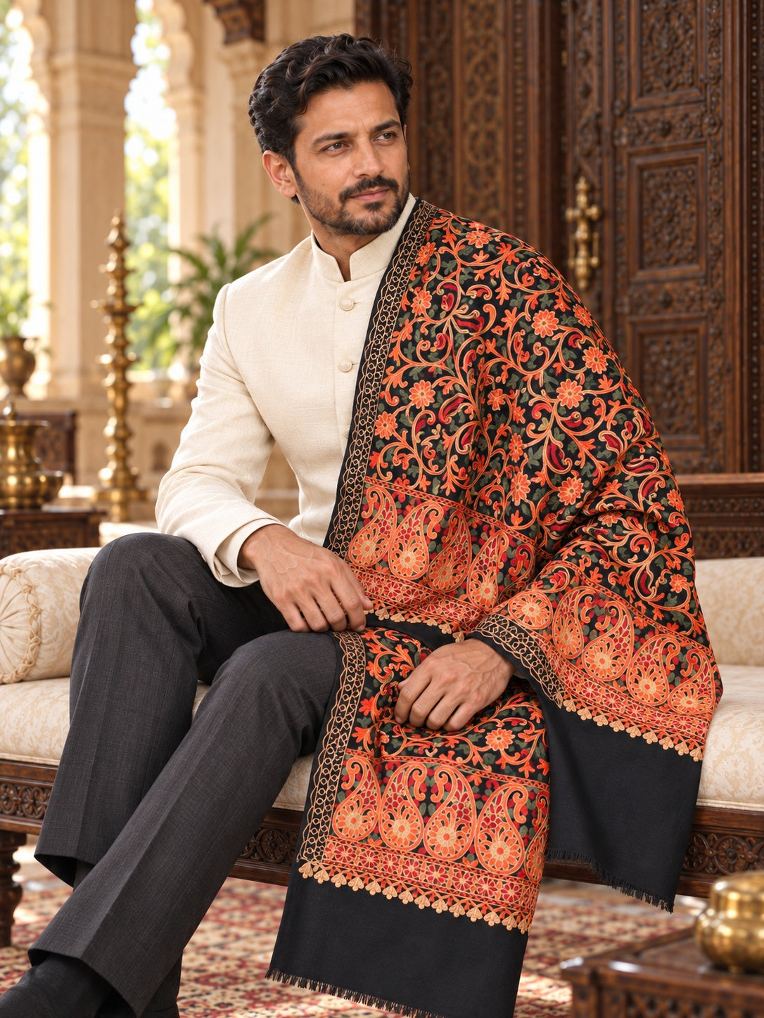 Weavers Villa MS-133-BLACK men's shawl styled on a premium model in a royal setting, view 3.