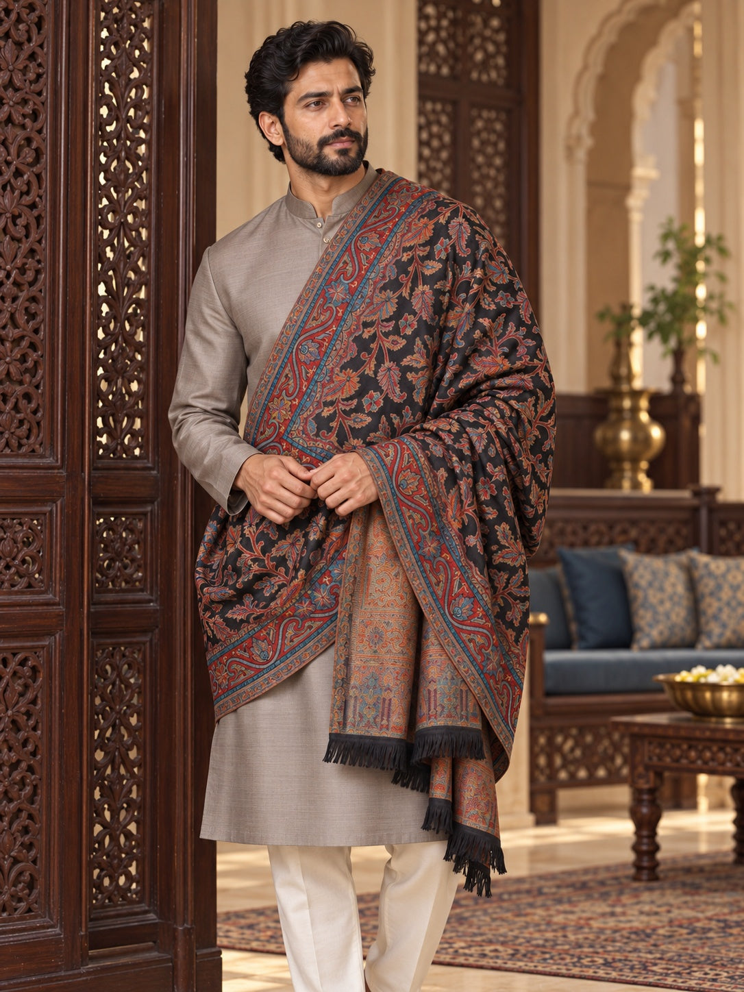 Weavers Villa MS-401-BLACK men's shawl styled on a premium model in a royal setting, view 2.
