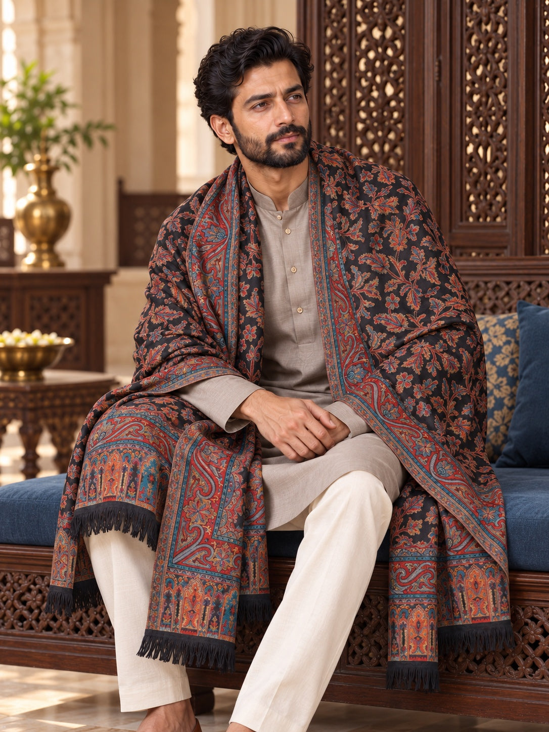 Weavers Villa MS-401-BLACK men's shawl styled on a premium model in a royal setting, view 3.