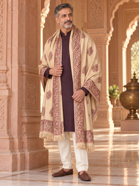 Weavers Villa MS-402-BEIGE men's shawl styled on a premium model in a royal setting, view 1.