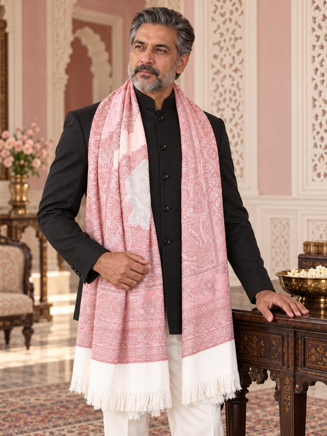 Weavers Villa MS-403-WHITE men's shawl styled on a premium model in a royal setting, view 2.