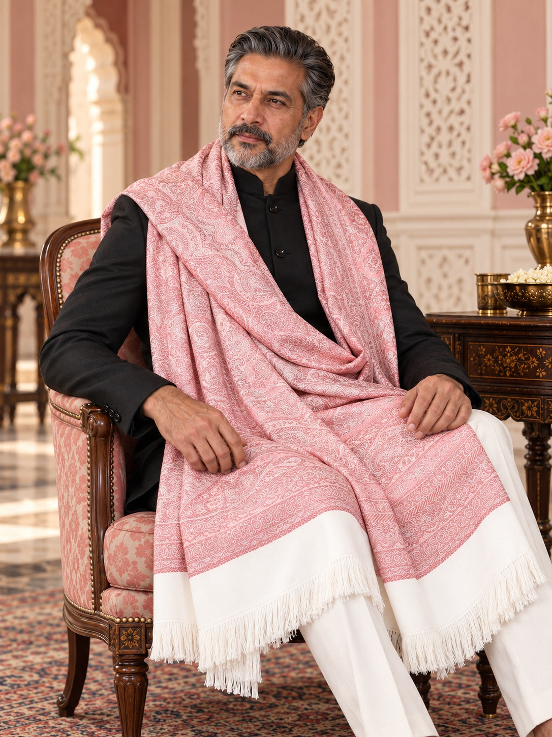 Weavers Villa MS-403-WHITE men's shawl styled on a premium model in a royal setting, view 3.