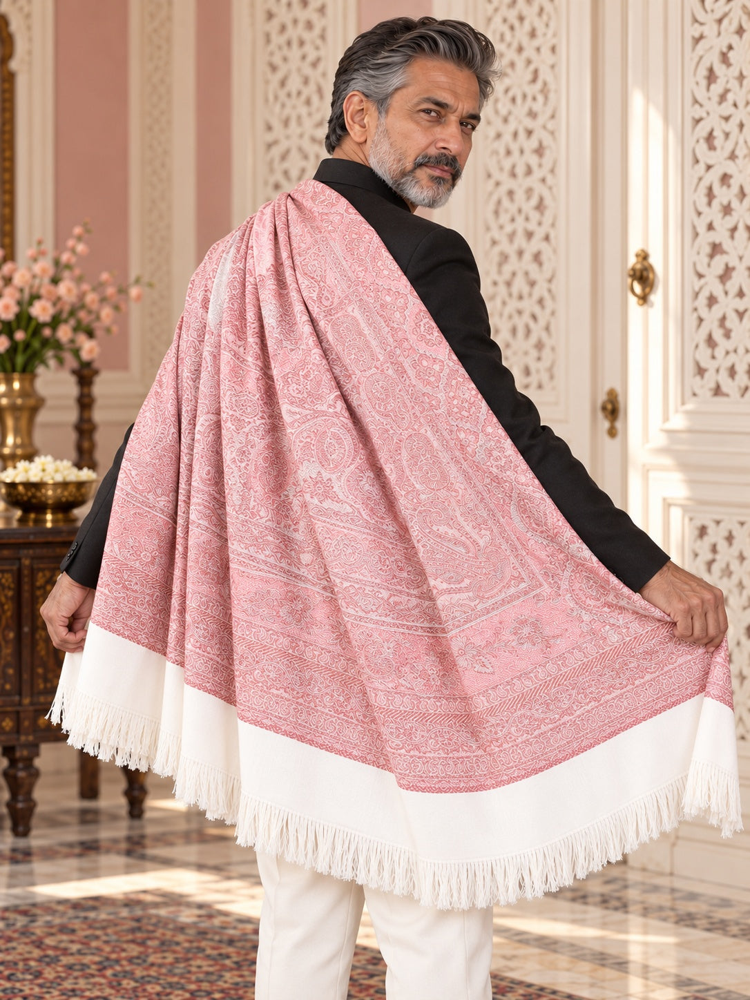 Weavers Villa MS-403-WHITE men's shawl styled on a premium model in a royal setting, view 4.
