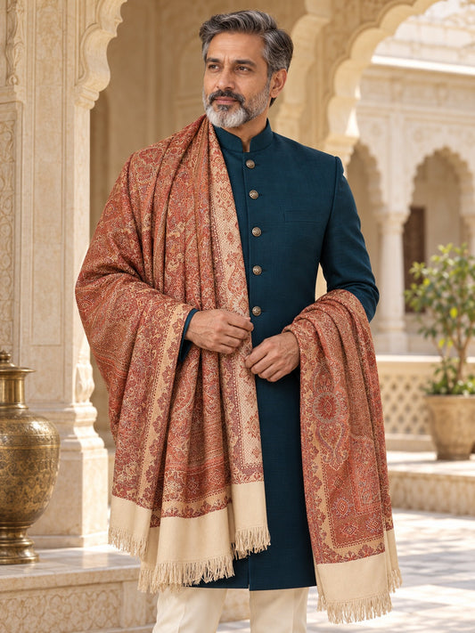 Weavers Villa MS-405-BEIGE men's shawl styled on a premium model in a royal setting, view 1.