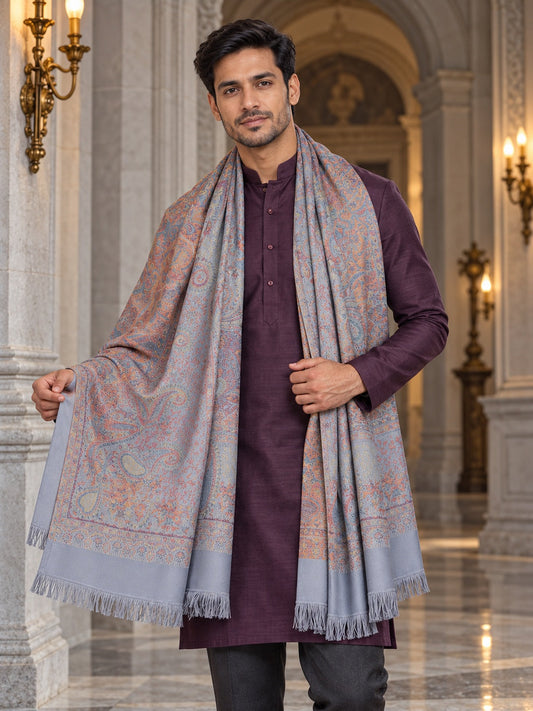 Weavers Villa MS-405-GREY men's shawl styled on a premium model in a royal setting, view 1.