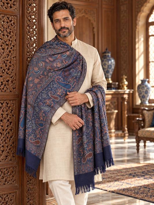 Weavers Villa MS-405-NAVYBLUE men's shawl styled on a premium model in a royal setting, view 1.