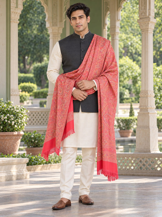 Weavers Villa MS-405-PINK men's shawl styled on a premium model in a royal setting, view 1.