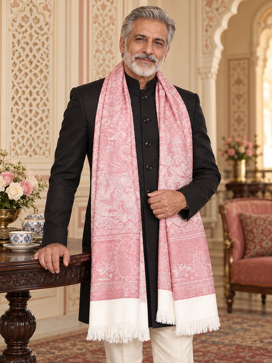 Weavers Villa MS-405-WHITE men's shawl styled on a premium model in a royal setting, view 1.