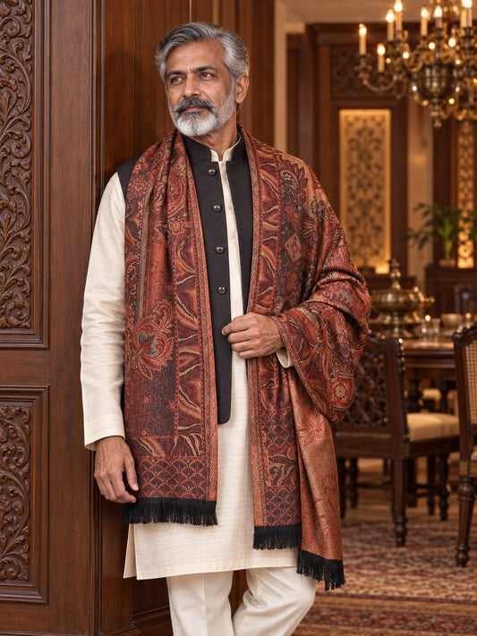 Weavers Villa MS-406-BLACK men's shawl styled on a premium model in a royal setting, view 1.