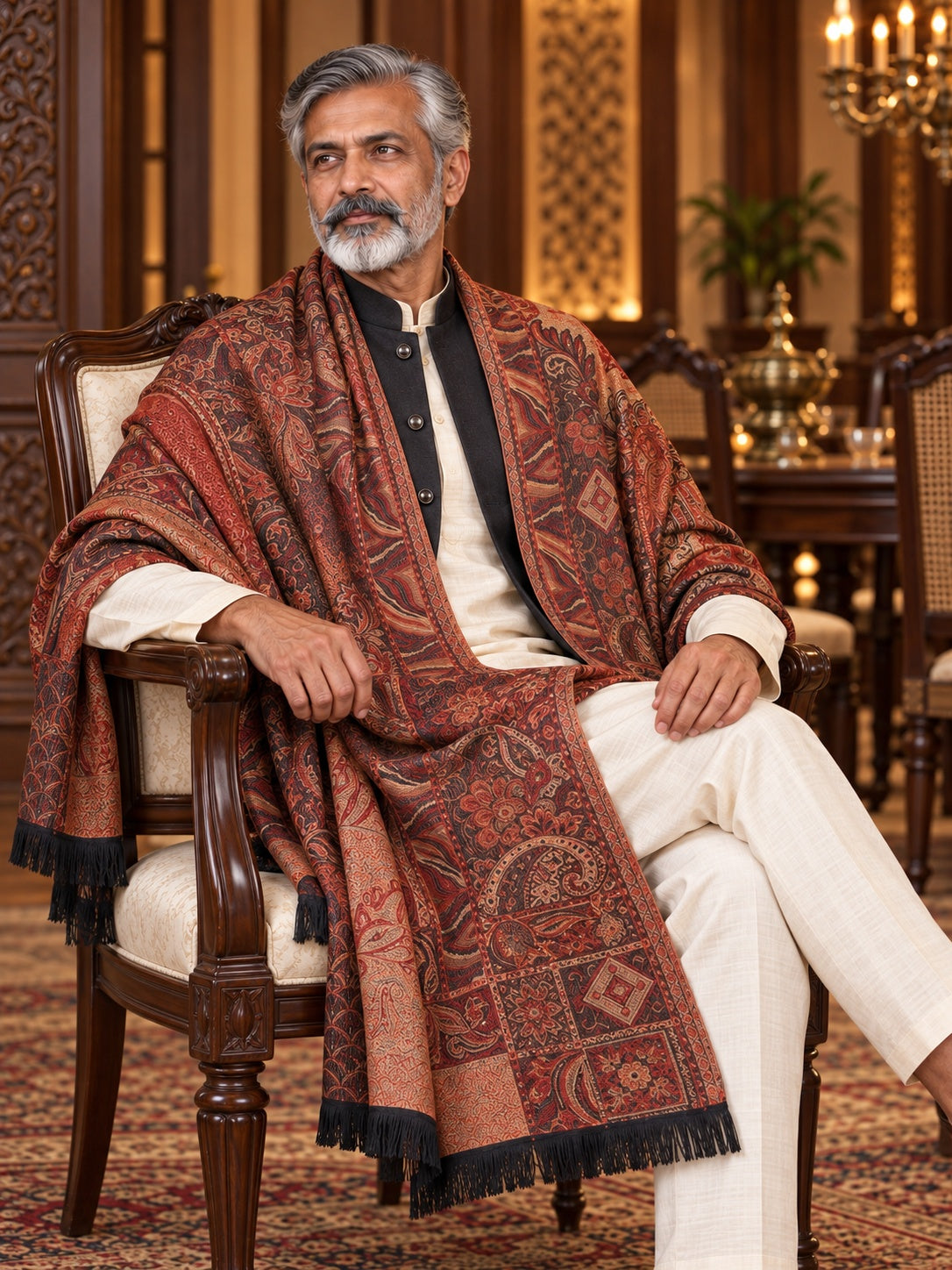 Weavers Villa MS-406-BLACK men's shawl styled on a premium model in a royal setting, view 2.