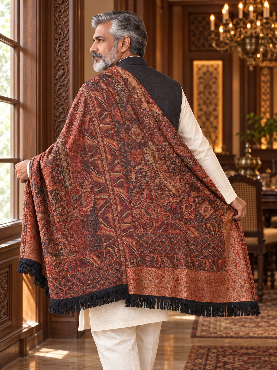 Weavers Villa MS-406-BLACK men's shawl styled on a premium model in a royal setting, view 3.