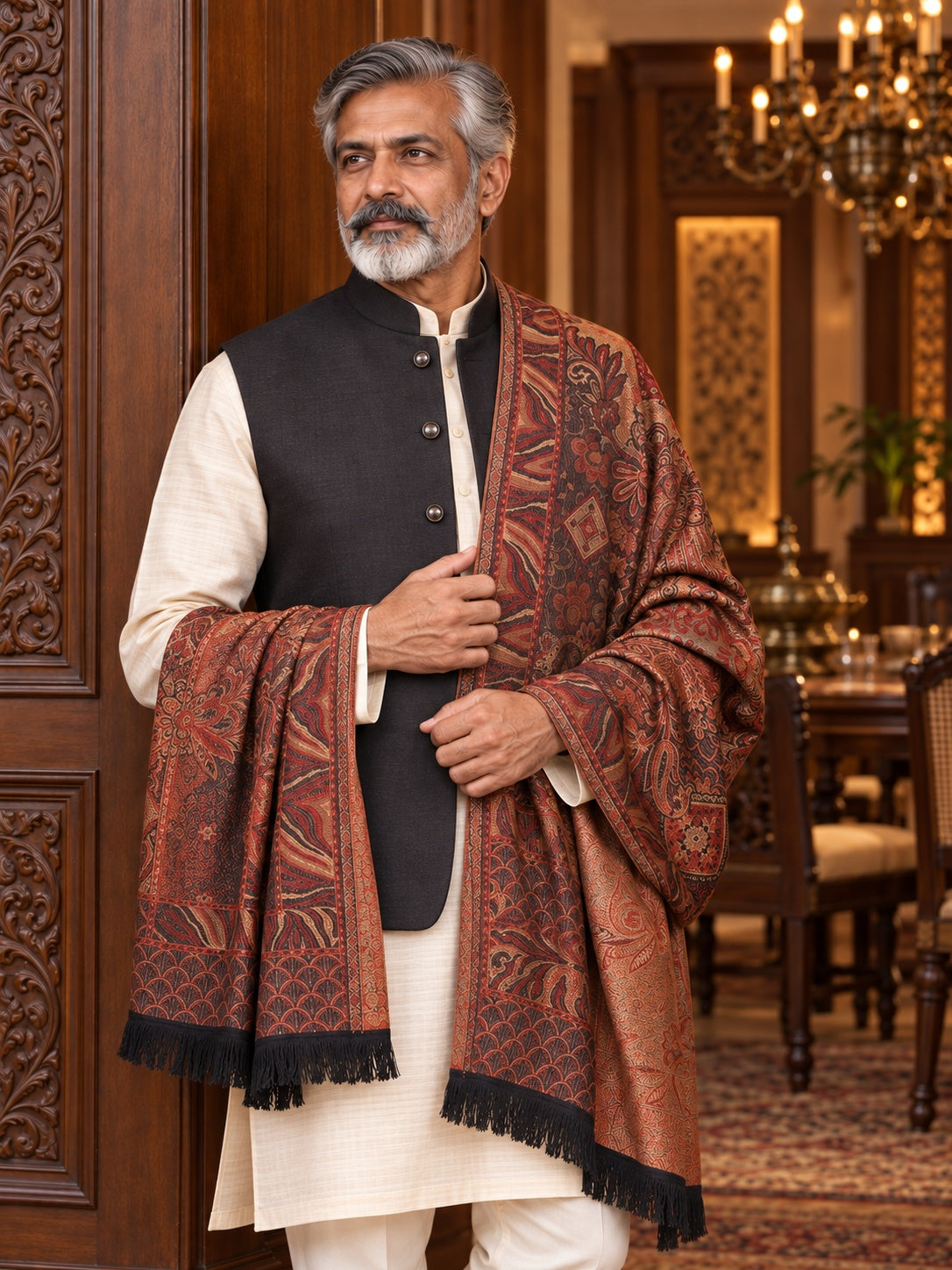 Weavers Villa MS-406-BLACK men's shawl styled on a premium model in a royal setting, view 4.