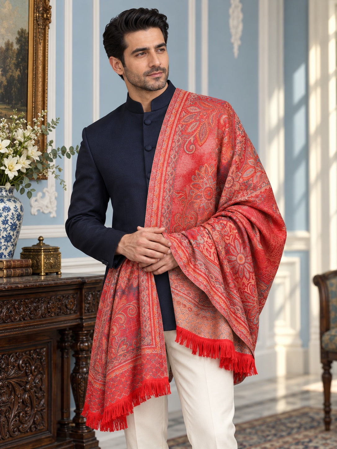Weavers Villa MS-406-MAROON men's shawl styled on a premium model in a royal setting, view 2.