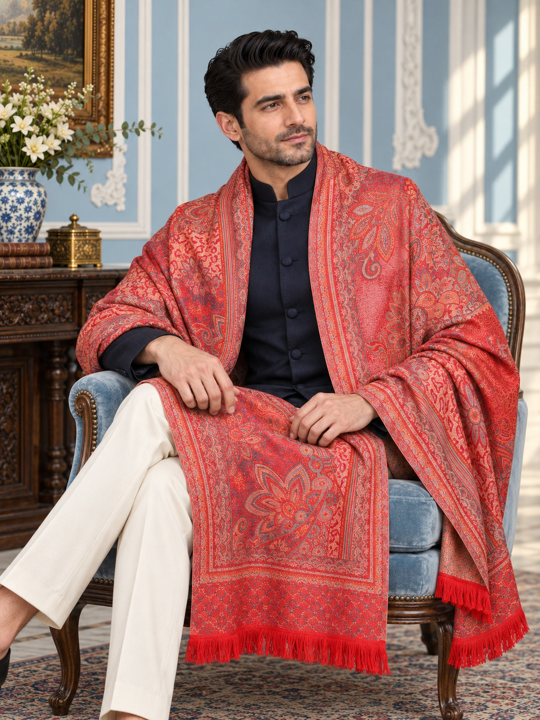 Weavers Villa MS-406-MAROON men's shawl styled on a premium model in a royal setting, view 3.