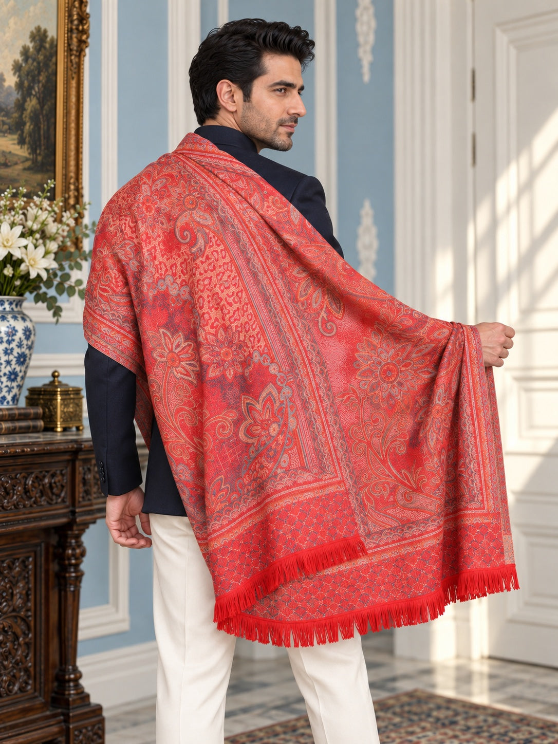 Weavers Villa MS-406-MAROON men's shawl styled on a premium model in a royal setting, view 4.