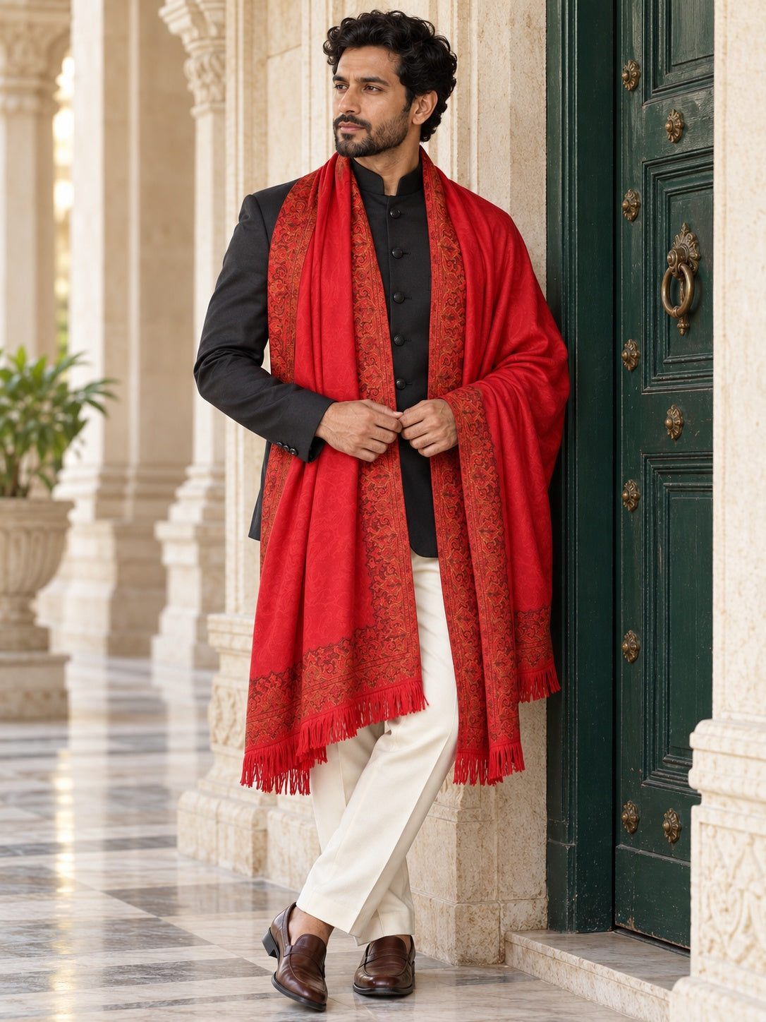 Weavers Villa MS-407-MAROON men's shawl styled on a premium model in a royal setting, view 1.