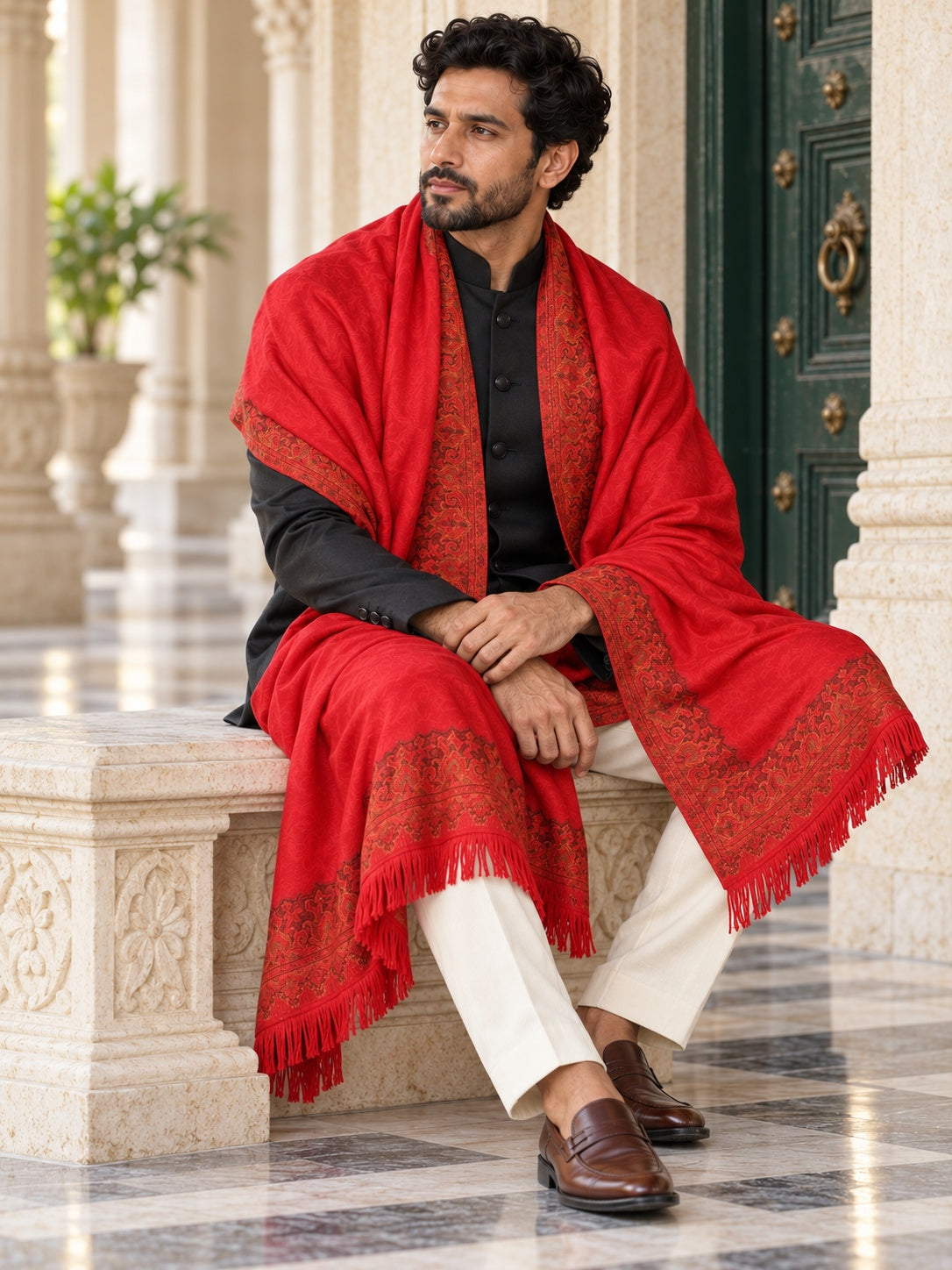 Weavers Villa MS-407-MAROON men's shawl styled on a premium model in a royal setting, view 2.
