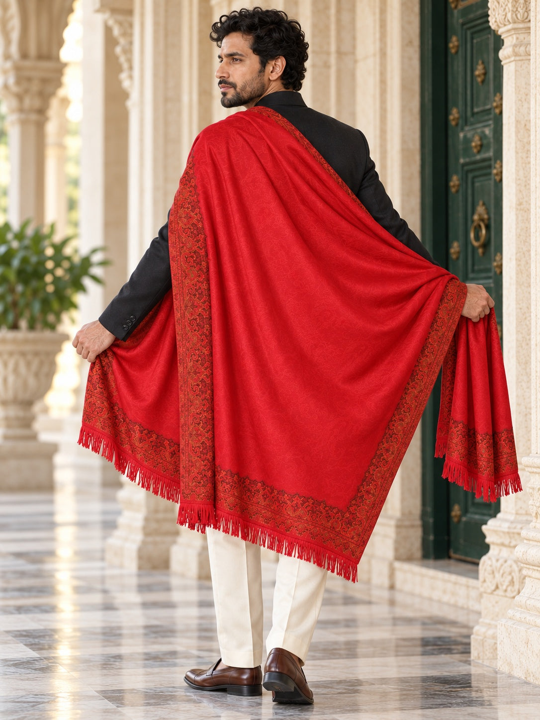 Weavers Villa MS-407-MAROON men's shawl styled on a premium model in a royal setting, view 3.