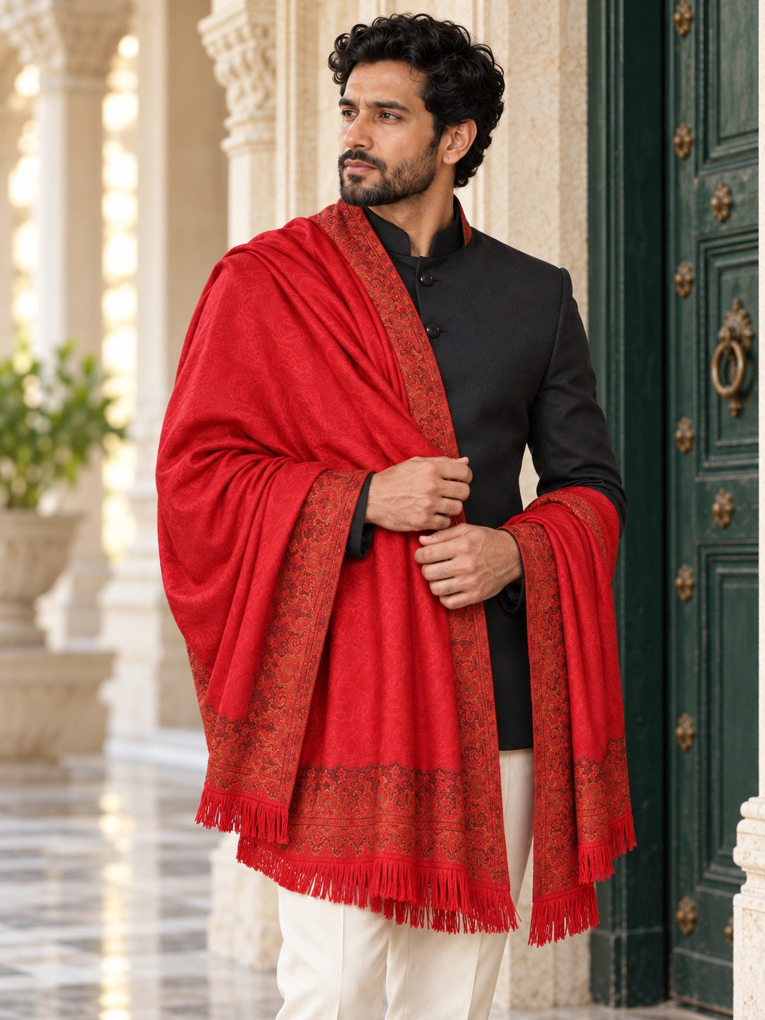 Weavers Villa MS-407-MAROON men's shawl styled on a premium model in a royal setting, view 4.