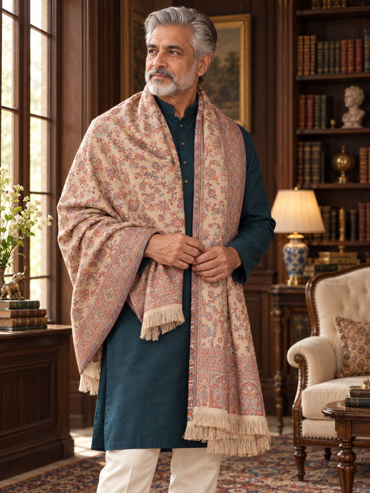 Weavers Villa MS-408-BEIGE men's shawl styled on a premium model in a royal setting, view 1.