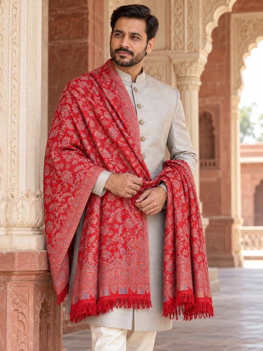 Weavers Villa MS-408-MAROON men's shawl styled on a premium model in a royal setting, view 1.