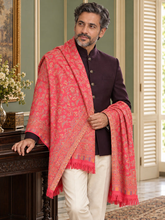 Weavers Villa MS-408-PINK men's shawl styled on a premium model in a royal setting, view 1.
