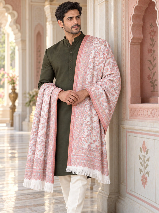 Weavers Villa MS-408-WHITE men's shawl styled on a premium model in a royal setting, view 1.