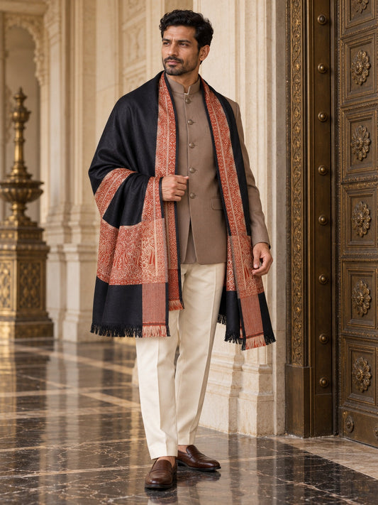 Weavers Villa MS-493-BLACK men's shawl styled on a premium model in a royal setting, view 1.