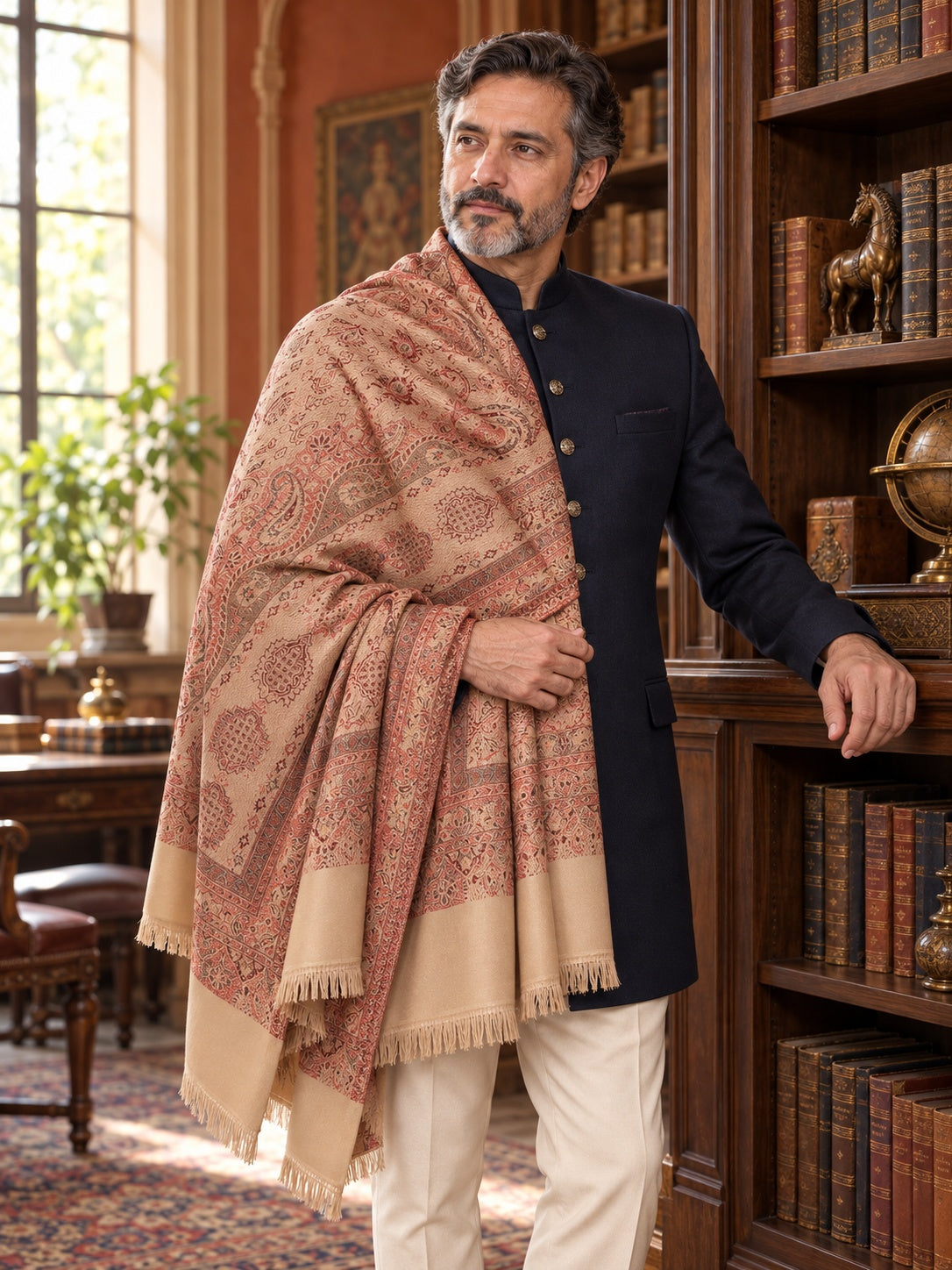 Weavers Villa MS-502-BEIGE men's shawl styled on a premium model in a royal setting, view 2.