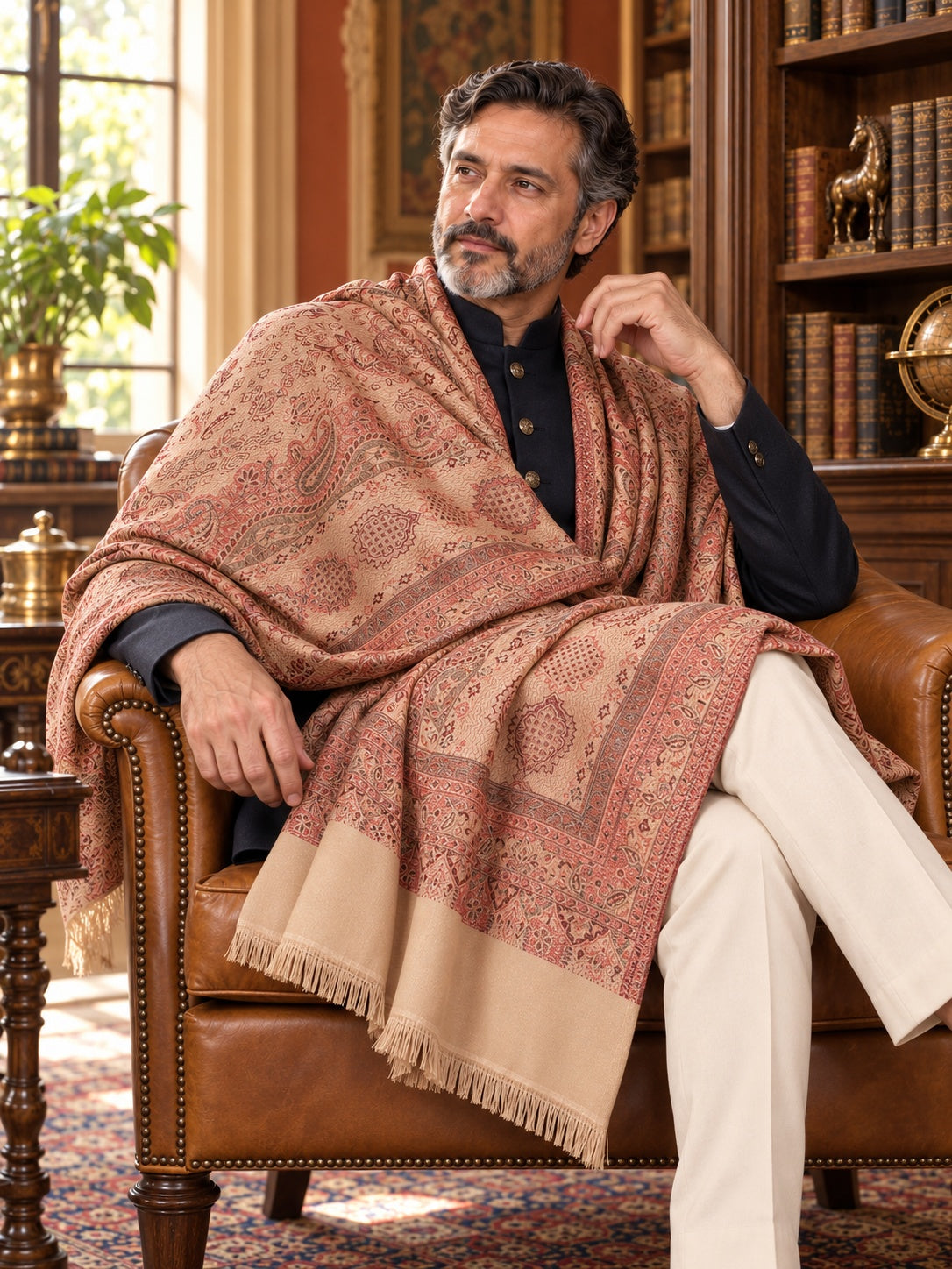 Weavers Villa MS-502-BEIGE men's shawl styled on a premium model in a royal setting, view 3.