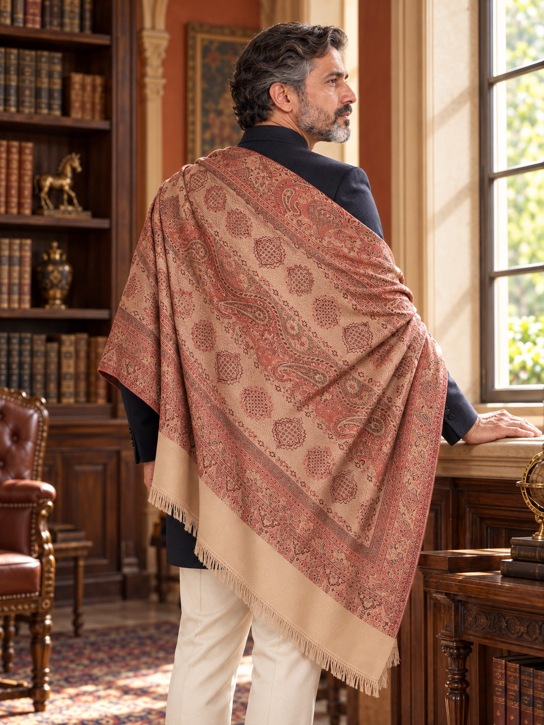 Weavers Villa MS-502-BEIGE men's shawl styled on a premium model in a royal setting, view 4.
