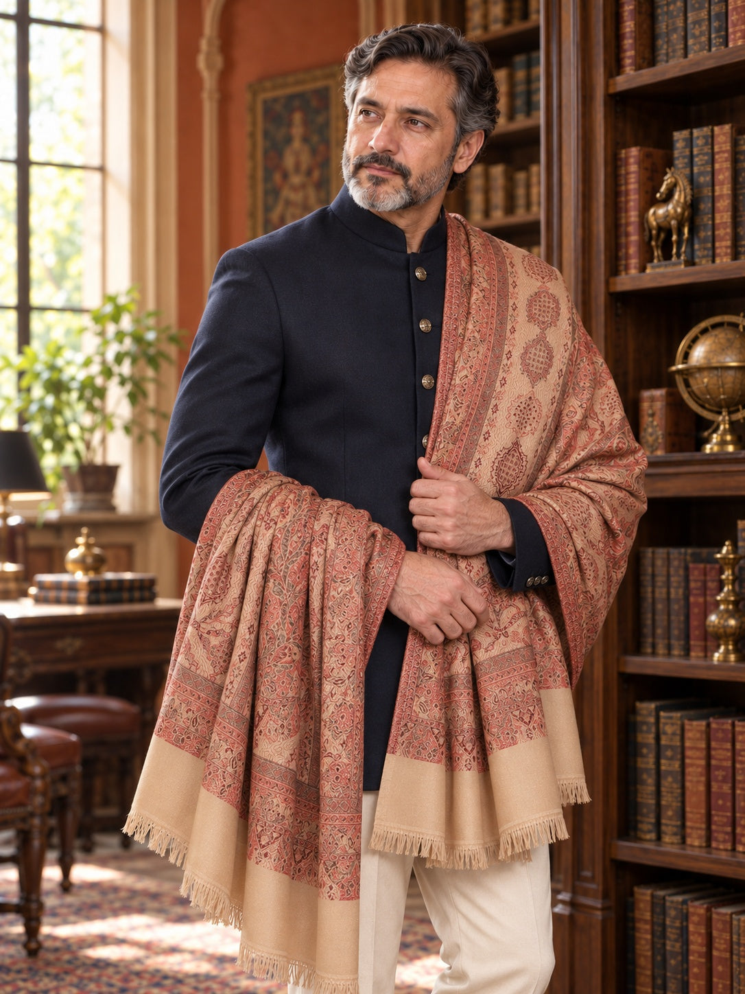 Weavers Villa MS-502-BEIGE men's shawl styled on a premium model in a royal setting, view 5.