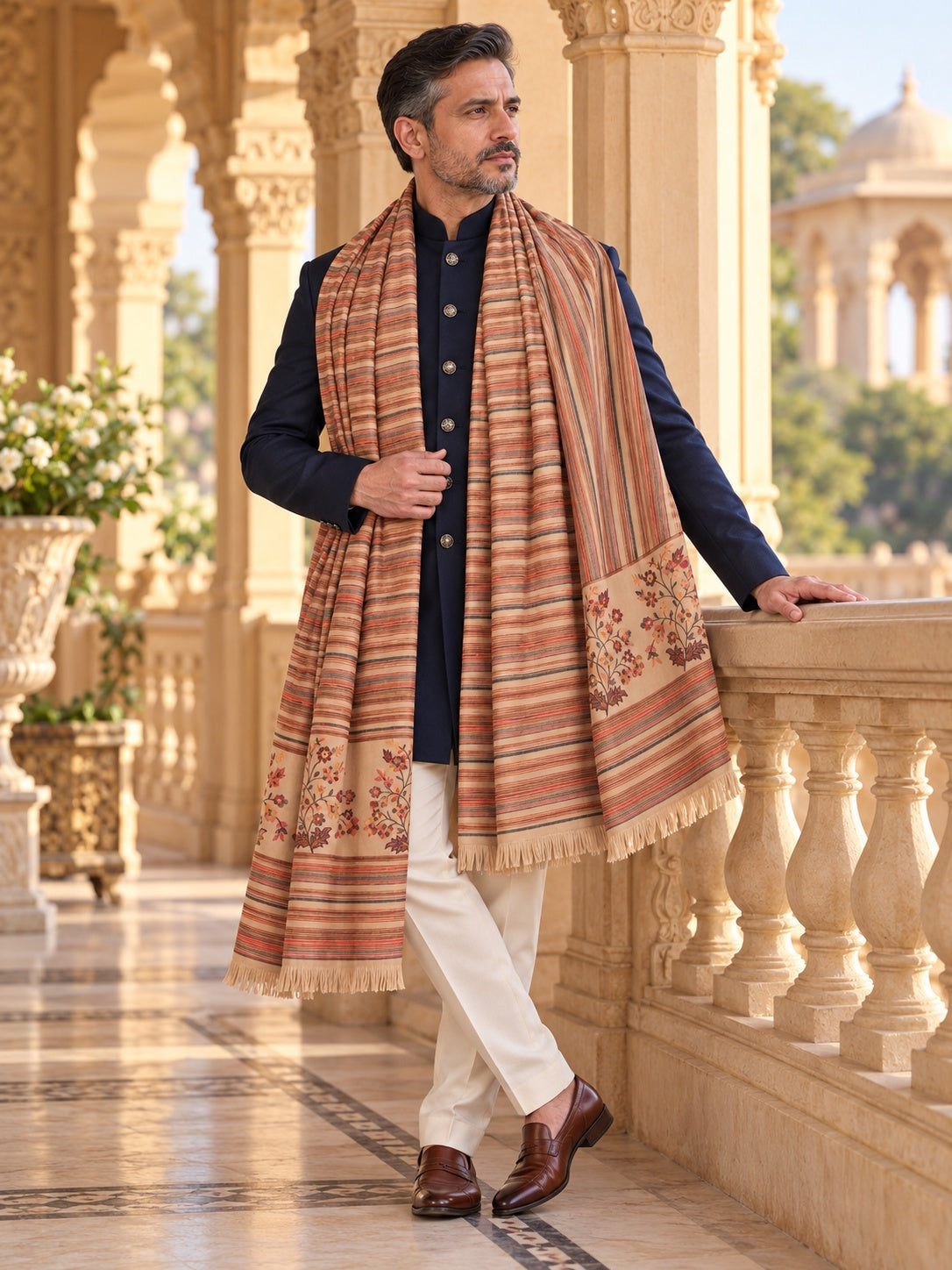 Weavers Villa MS-512-BEIGE men's shawl styled on a premium model in a royal setting, view 2.