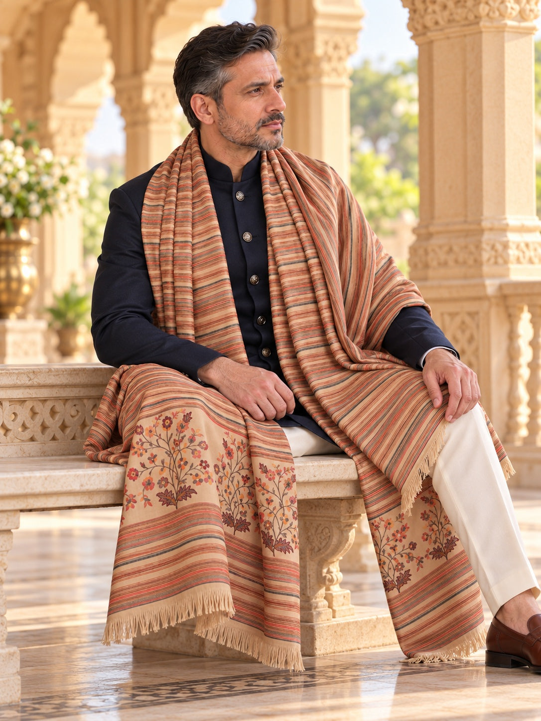 Weavers Villa MS-512-BEIGE men's shawl styled on a premium model in a royal setting, view 3.