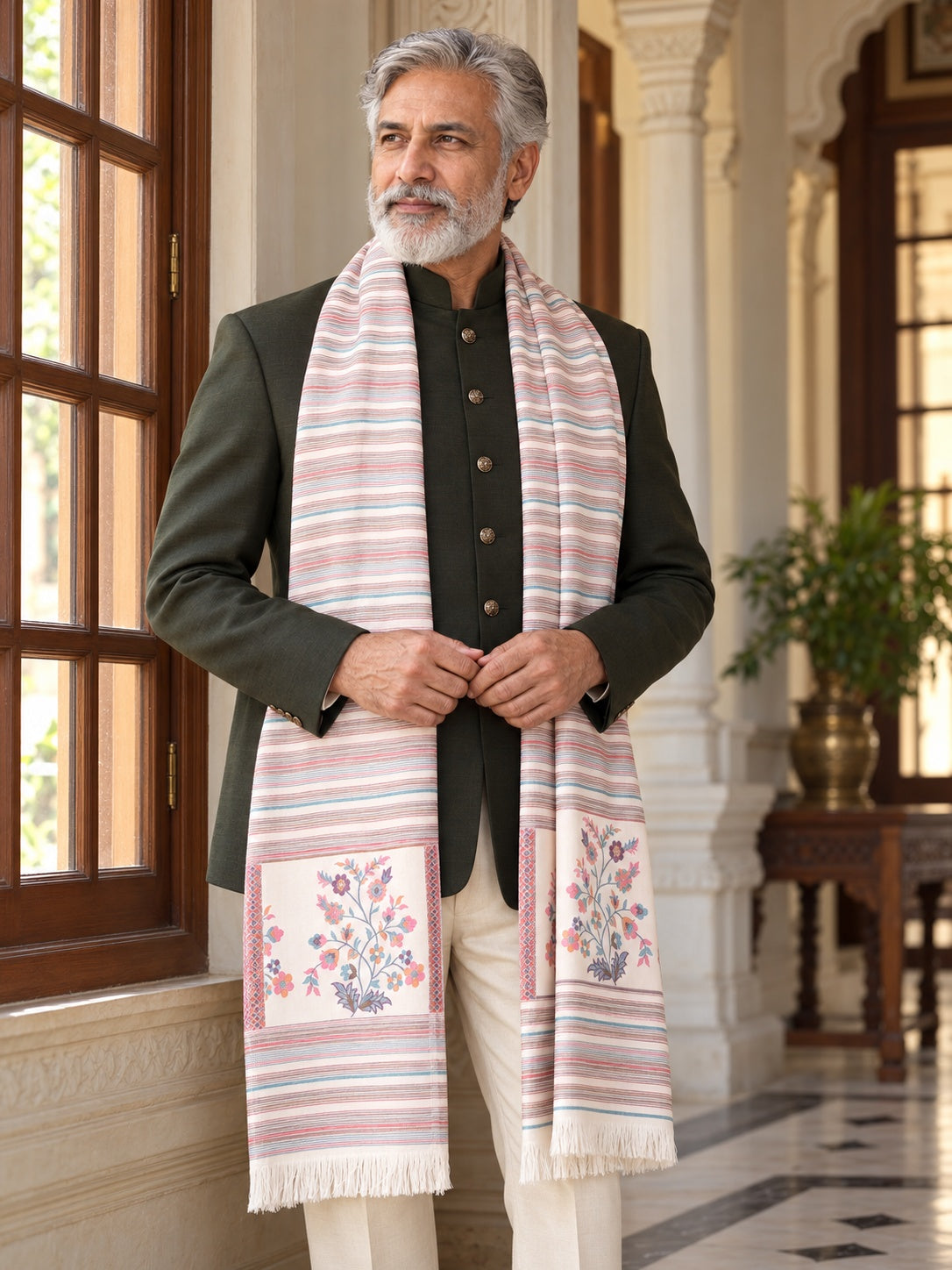 Weavers Villa MS-512-WHITE men's shawl styled on a premium model in a royal setting, view 1.