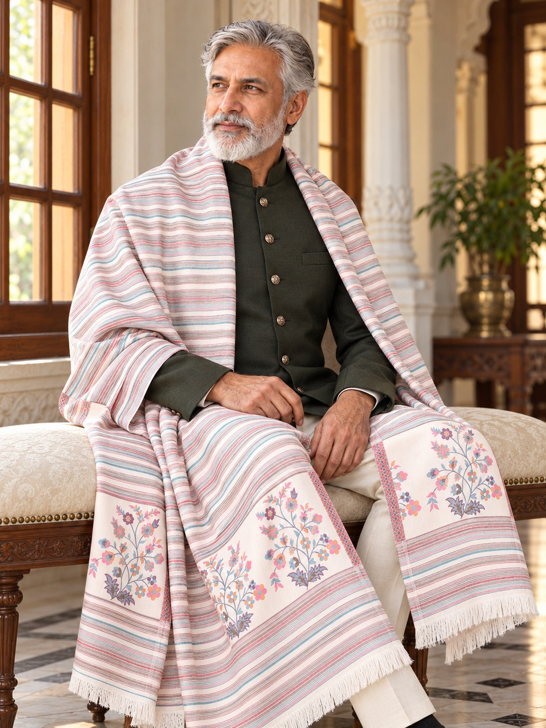Weavers Villa MS-512-WHITE men's shawl styled on a premium model in a royal setting, view 2.
