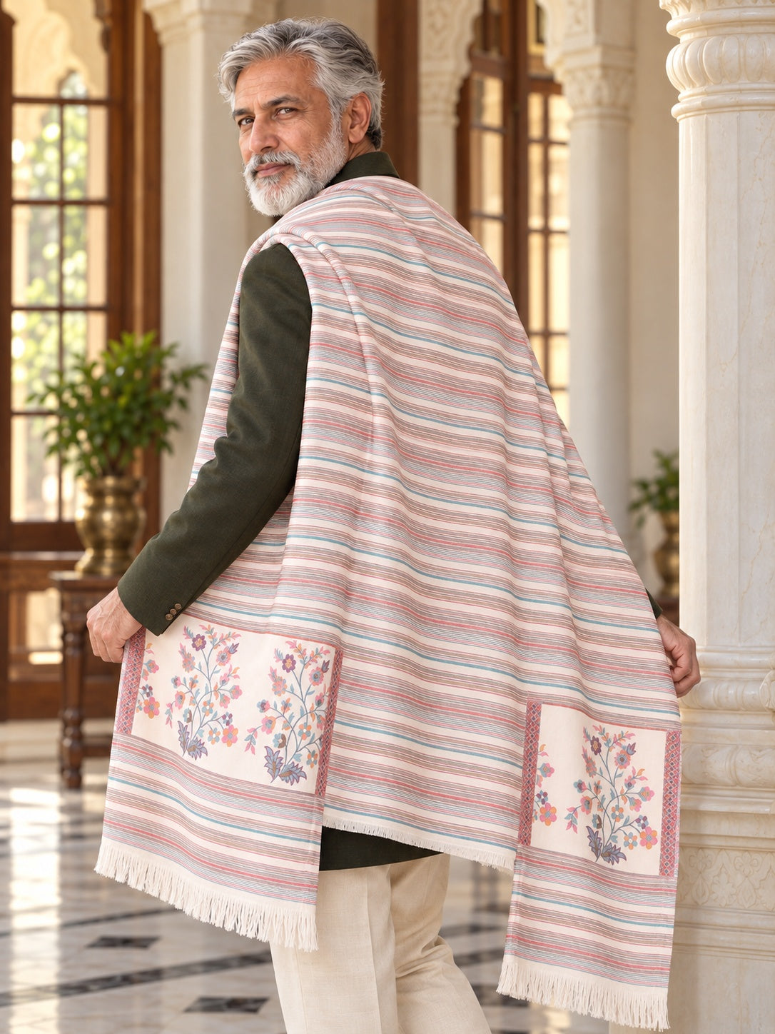 Weavers Villa MS-512-WHITE men's shawl styled on a premium model in a royal setting, view 3.