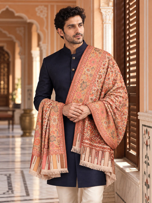 Weavers Villa MS-513-BEIGE men's shawl styled on a premium model in a royal setting, view 1.