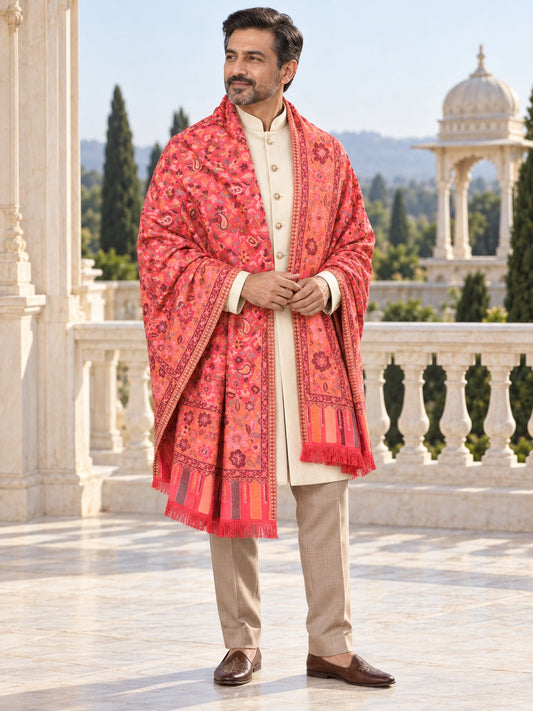 Weavers Villa MS-513-ROSE men's shawl styled on a premium model in a royal setting, view 1.