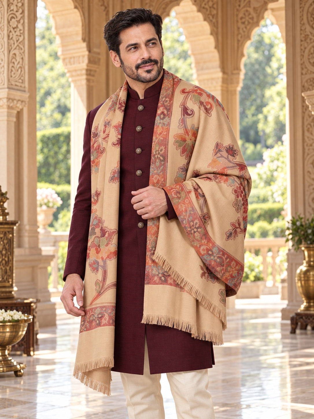 Weavers Villa MS-514-BEIGE men's shawl styled on a premium model in a royal setting, view 2.