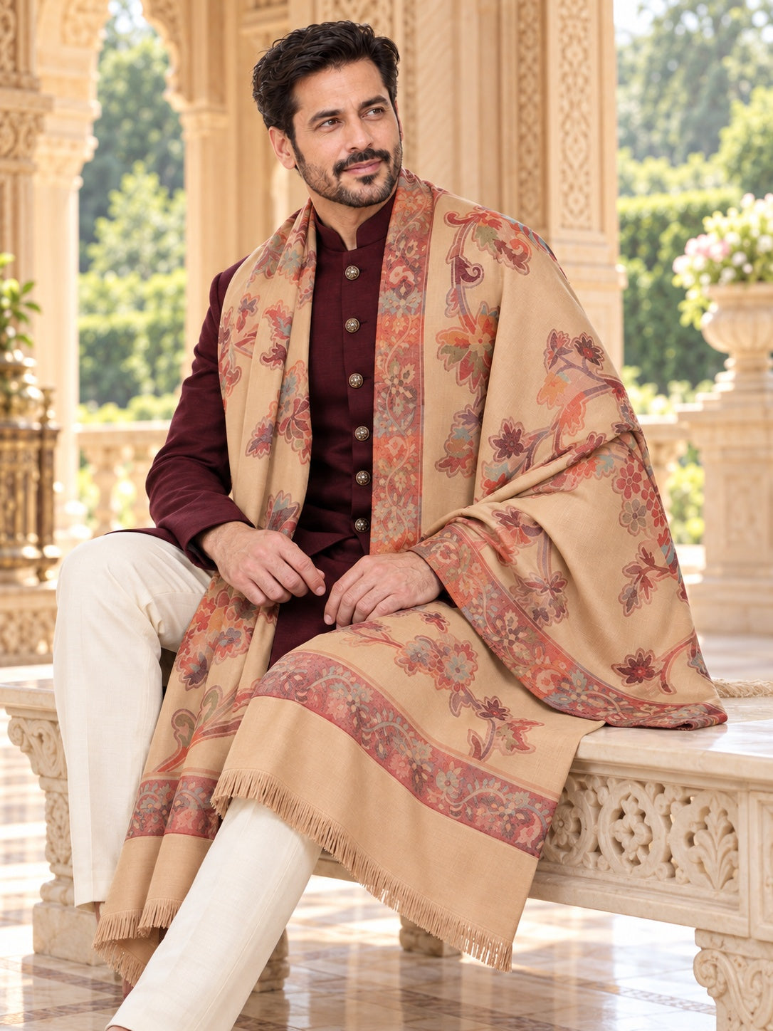 Weavers Villa MS-514-BEIGE men's shawl styled on a premium model in a royal setting, view 3.