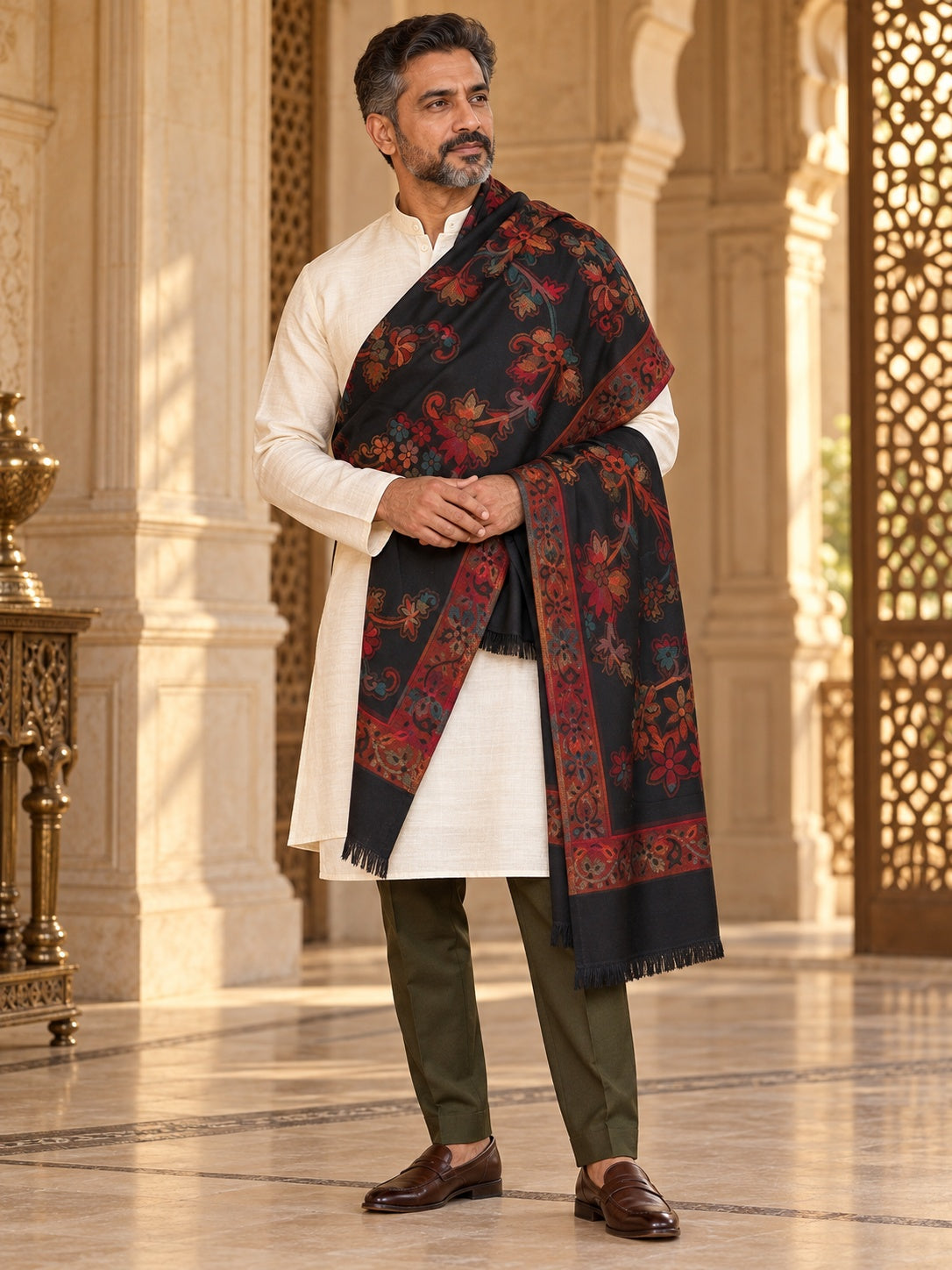 Weavers Villa MS-514-BLACK men's shawl styled on a premium model in a royal setting, view 1.