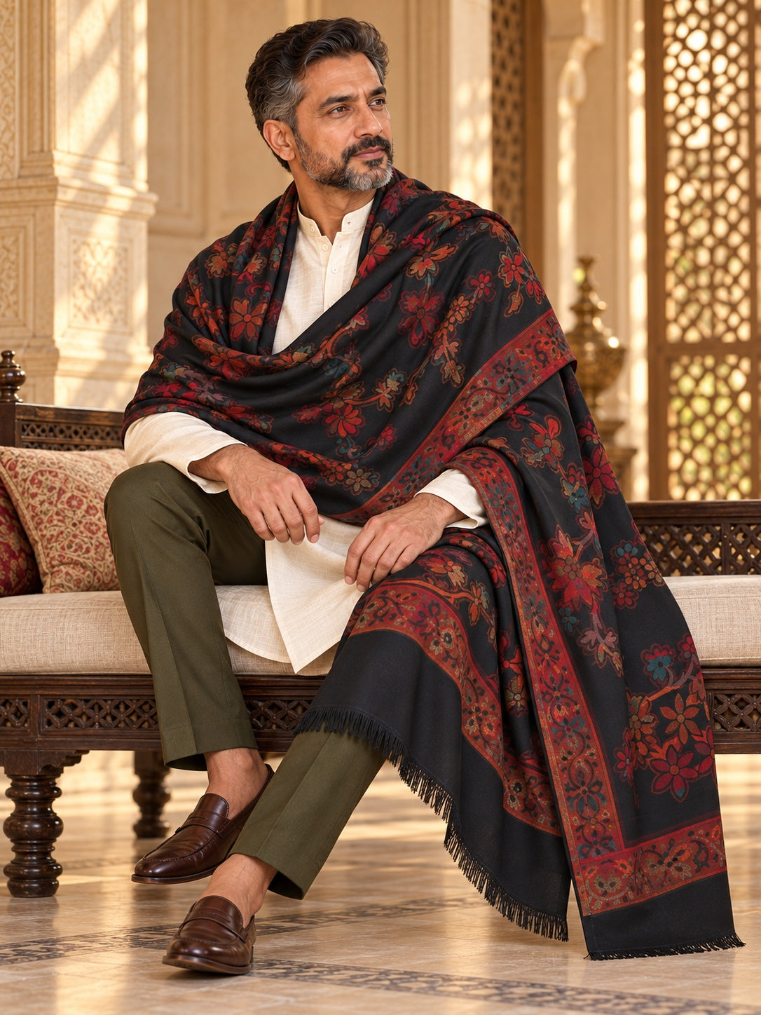 Weavers Villa MS-514-BLACK men's shawl styled on a premium model in a royal setting, view 2.