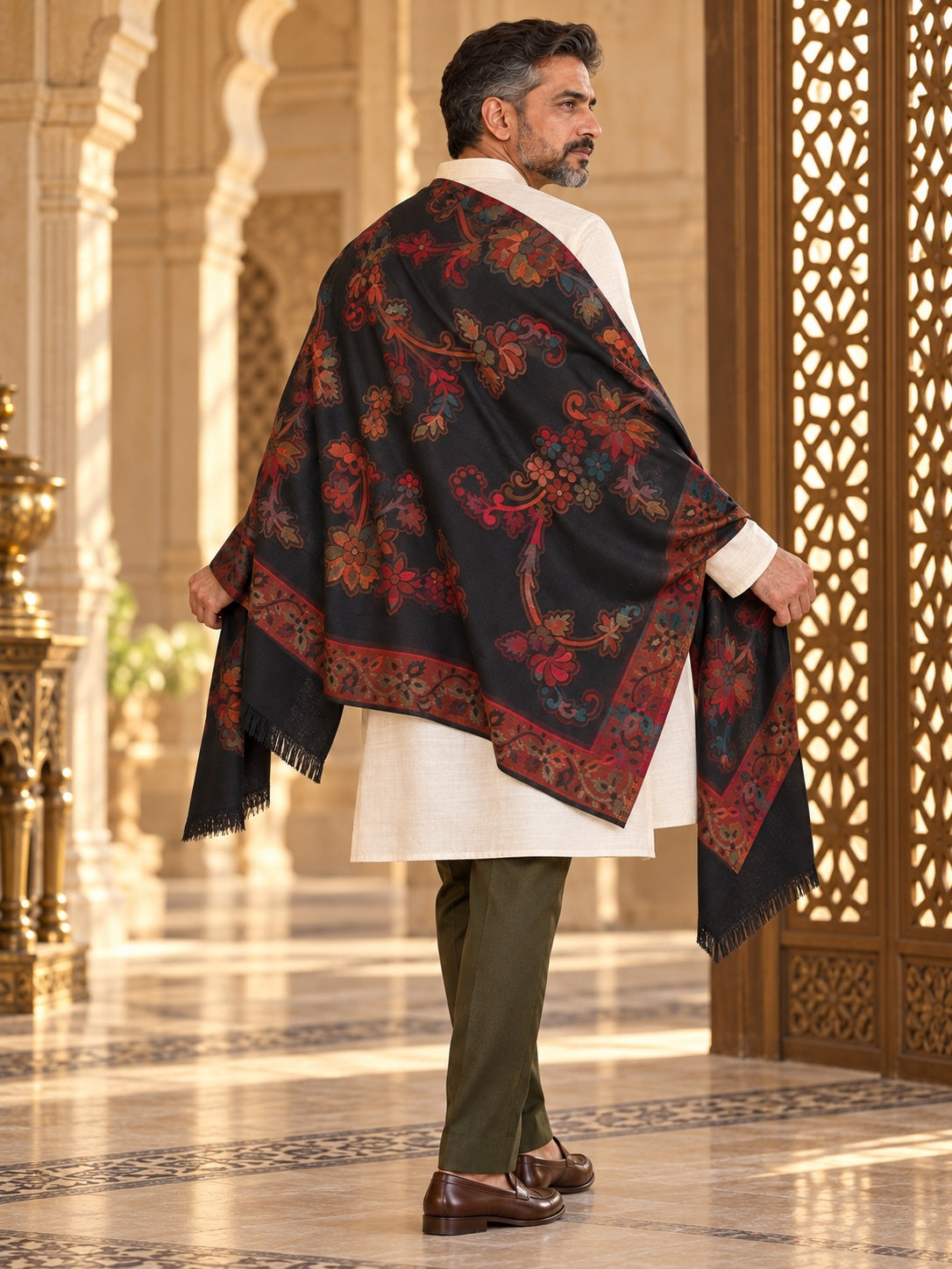 Weavers Villa MS-514-BLACK men's shawl styled on a premium model in a royal setting, view 3.